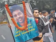  ?? HT PHOTO ?? Above: The suicide of Rohith Vemula, a student at the University of Hyderabad, in 2016, triggered protests against caste bias across India. Bahujan Azad Party members say this was one of the many incidents that compelled them to enter politics.