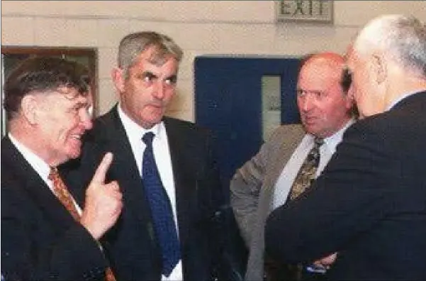  ??  ?? Cllr. Jim Lennon, who passed away recently, making a point to Pat Keenan and Liam Woods during the count at the 1999 local elections.