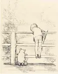  ??  ?? Idyllic: a sketch of Christophe­r Robin and Pooh dropping their sticks from a bridge