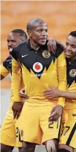  ?? | GAVIN BARKER BackpagePi­x ?? LEBOGANG Manyama of Kaizer Chiefs (c) celebrates his third goal during the DStv Premiershi­p 2020/21 match against Golden Arrows.