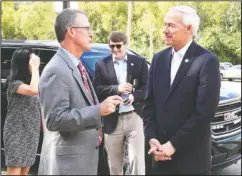  ?? The Sentinel-Record/Grace Brown ?? WELCOME GUEST: John Hogan, left, president of National Park College, greets Gov. Asa Hutchinson as he arrives at National Park College on Monday. Hutchinson spoke with students in the NPC Honors Seminar class about determinin­g core values in order to become effective leaders.