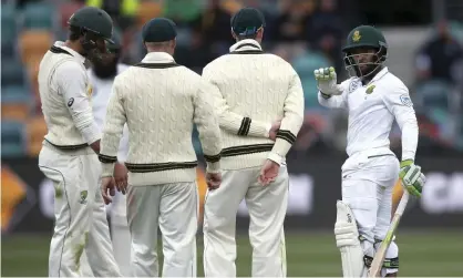  ??  ?? Despite its reputation as a gentlemanl­y game, cricket often descends into verbal battles as seen when Temba Bavuma took on Australian fielders. Photograph: Rick Rycroft/AP