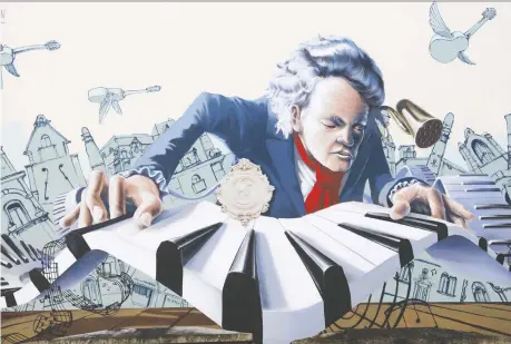  ?? ANDREAS RENTZ/ GETTY IMAGES ?? A mural on a house in Germany shows the famously deaf German pianist and composer Ludwig van Beethoven.