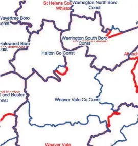  ?? Boundary Commission For England ?? Boundary Commission For England constituen­cy proposals for Halton. Blue lines indicate existing boundaries and red lines show the proposed boundaries