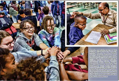  ??  ?? Seventh- and eighth-graders at Walt Whitman Middle School in Alexandria, Virginia, entertain themselves before snack time last month. They are, clockwise from front right, Elliyah Thompson, James Gilliam, Amaris Johnson, Catherine Stankewick, Caitlin Hanson, Nalhiyah Roberts-Dunn and Le Ronn Cole. Abid Mohammad, public health training assistant at Walt Whitman Middle School in Alexandria, Virginia, gives a high-five to M.J. Arnold, who successful­ly completed his Spanish homework worksheet during an after-school programme.