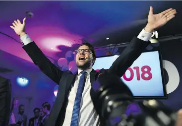  ?? — BLOOMBERG ?? Jimmie Akesson, leader of nationalis­t Sweden Democrats, celebrates his party’s gains at the polls during an election night event in Stockholm on Sunday.