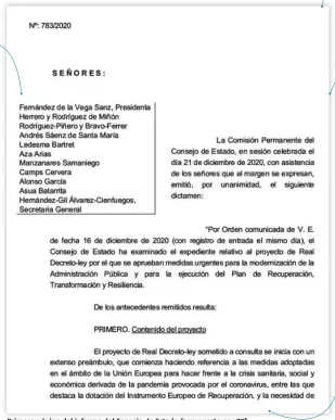  ??  ?? Primera página del informe del Consejo de Estado (compuesto por 97)