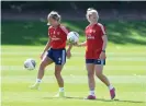  ??  ?? Arsenal’s Jordan Nobbs (left) and Kim Little during a training session ahead of this weekend’s fixture against West Ham United women. Photograph: David Price/Arsenal FC via Getty Images