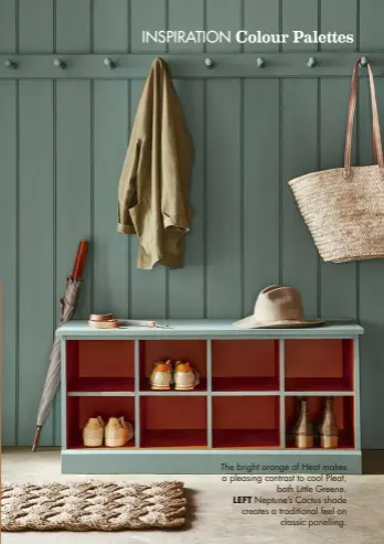  ??  ?? The bright orange of Heat makes a pleasing contrast to cool Pleat, both Little Greene. LEFT Neptune’s Cactus shade creates a traditiona­l feel on classic panelling.