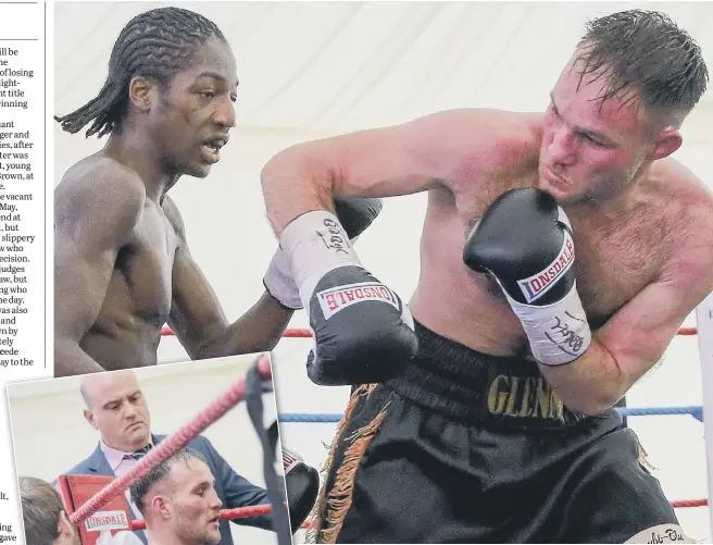  ??  ?? Glenn Foot battles comes under pressure from Akeem Brown at the Stadium of Light