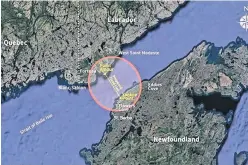  ??  ?? This map shows the location of a proposed tunnel connecting Labrador to the island of Newfoundla­nd, from Point Amour to a site near Flower’s Cove.