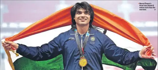  ?? AP ?? Neeraj Chopra’s throw was almost 6 metres more than the next best.