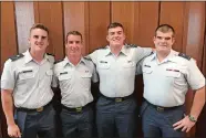  ?? COAST GUARD ATHLETICS ?? From left, Chip Crowley, Patrick Crowley, Hudson Dunaway and J.D. Dunaway, two sets of brothers, are all starters for the Coast Guard Academy football team.