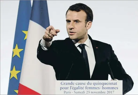  ?? LUDOVIC MARIN / POOL / EFE ?? El presidente francés, Emmanuel Macron, ayer en un acto por el día internacio­nal para la eliminació­n de la violencia contra las mujeres