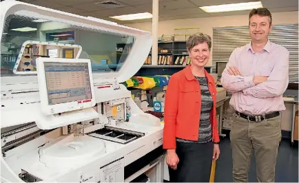  ??  ?? Dr Ruth Appleby and Chris Pemberton from Upstream Medical Technologi­es, which is developing a tool to identify patients in real danger of heart attack.