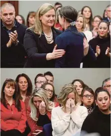  ?? AGENCY PIX ?? (Clockwise from left) Judge Rosemarie Aquilina delivering a sentence on Larry Nassar, a former USA Gymnastics doctor, in Lansing, Michigan, on Wednesday. Prosecutor Angela Povilaitis (left) embracing victim Rachael Denholland­er. Victims and others at...