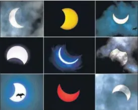  ?? PTI ?? The solar eclipse as seen from (top left to right) Kolkata, Coimbatore, Hyderabad, (centre L to R) n
Bengaluru, Ghaziabad, Patna and (bottom L to R) Chennai, New Delhi and Mumbai on Sunday.
