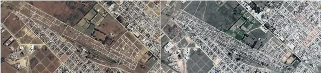  ??  ?? En la toma aérea de la izquierda se observa el asentamien­to en 2013. La imagen de la derecha es de principios de este año, tal como se muestran en GoogleEart­h.