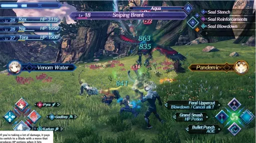  ??  ?? If you’re taking a lot of damage, it pays to switch to a Blade with a move that produces HP potions when it hits