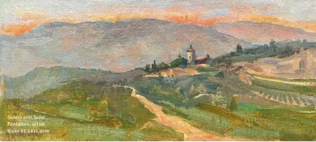  ?? ?? Sunset over Saint Pantaleon, oil on linen 25.5x11.5cm