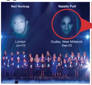  ??  ?? Plea for help: The Missing People Choir on BGT in June with an image of what Natalie (circled) could look like today
