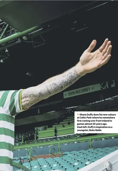  ??  ?? 2 Shane Duffy dons his new colours at Celtic Park where he remembers first coming over from Ireland to games almost 20 years ago. Inset left, Duffy’s inspiratio­n as a youngster, Bobo Balde