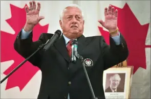  ?? The Associated Press ?? Tommy Lasorda gestures during his induction into the Canadian Baseball Hall of Fame in St. Mary’s, Ont., on June 24, 2006. Lasorda was inducted for his playing time as a pitcher with the Montreal Royals in the 1950s.