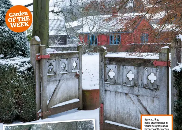  ??  ?? Eye-catching, hand-crafted gates in varied designs feature throughout the garden while, below, garden rooms surroundin­g the Hall are patrolled by a muster of peacocks