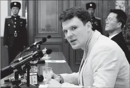  ?? ASSOCIATED PRESS ?? IN THIS FEB. 29, 2016, FILE PHOTO, AMERICAN STUDENT presented to reporters in Pyongyang, North Korea. Otto Warmbier speaks as he is