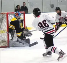  ?? KEVIN ADSHADE/THE NEWS ?? Cam MacKinnon of the Pictou County Bantam AA Crushers scores a goal against the Antigonish Bulldogs in the Crushers’ 6-4 win on Tuesday.