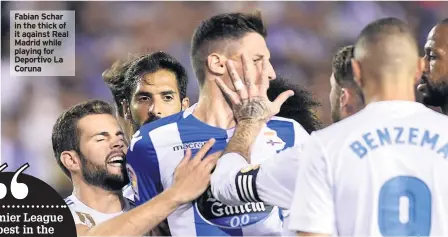  ??  ?? Fabian Schar in the thick of it against Real Madrid while playing for Deportivo La Coruna