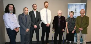  ?? ?? The 2020 Moose Jaw and District Sports Hall of Fame class, including Randy LaRose (accepting on behalf of longtime baseball coach and builder Charlie Meacher), Bill Pyle (accepting on behalf of wrestling builder Dave Pyle), Matthew and Eric Busse (accepting on behalf of volleyball athlete Darcey Busse), legendary coach and builder John Hunter, basketball athlete and builder Marge (Curry) Sihvon and hockey athlete Ed Staniowski.