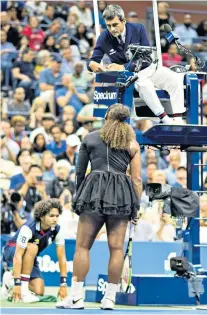  ??  ?? Flashpoint: Serena Williams argues with umpire Carlos Ramos during last year’s US Open final against Naomi Osaka