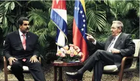  ?? — Reuters ?? BROTHERHOO­D Venezuela’s President Nicolas Maduro, left, and his Cuban counterpar­t Raul Castro meet in the Revolution Palace in Havana, on Saturday.