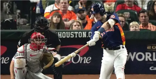  ?? SUE OGROCKI/AP ?? Alex Bregman clubbed a two-run homer in the fifth inning Saturday night in Houston that gave the Astros a five-run lead against the Phillies.