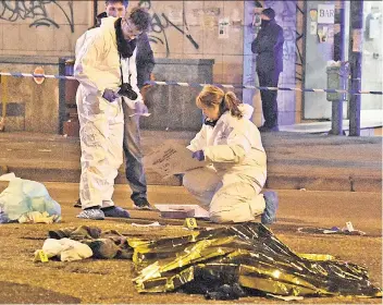  ??  ?? DEAD IN THE STREET: The body of refugee-turned-terrorist Anis Amri lies in Milan Friday. Below left, he pledges allegiance to ISIS, while below right, his family reacts to his death.