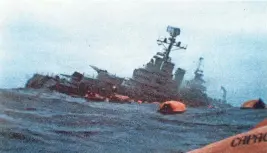  ?? AP FILE ?? The Argentine cruiser General Belgrano sinks in the South Atlantic Ocean on May 1, 1982, after being torpedoed by the British Royal Navy. Argentina invaded the Falkland Islands in 1982, triggering a two-month war.