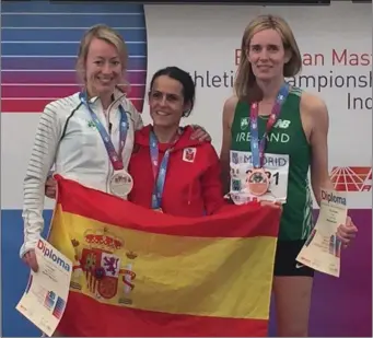  ??  ?? European Masters Indoor W2 1500m medallists (l to r) Mary Leech of Drogheda & District (2nd), Elisa Hernandez (1st) and Catherine Diver (3rd).