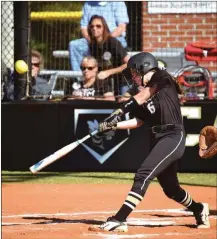  ?? STEVE BARFIELD / For the Calhoun Times ?? Calhoun’s Erin Barnes makes contact for a hit during Game 1 on Saturday against LFO.