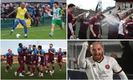  ?? ?? Clockwise from top left: Andre Wisdom at Warrington Town; Farnham Town winning the league; Truro City's Dan Sullivan; Scunthorpe celebrate a goal against Hereford. Composite: Sean Walsh/Farnham Town/Luke Broughton/Truro City