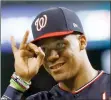  ?? AP PHOTO BY MATT SLOCUM ?? Washington Nationals left fielder Juan Soto celebrates after their win in Game 2 of the World Series Thursday, Oct. 24, in Houston.