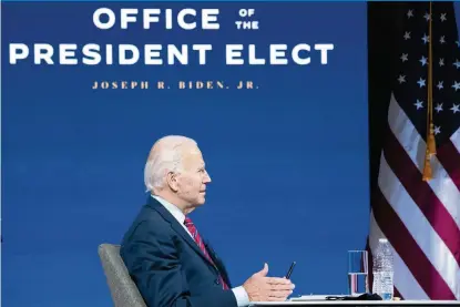  ?? ANNA MONEYMAKER NYT ?? President-elect Joe Biden attends a videoconfe­rence meeting with members of the U.S. Conference of Mayors in Wilmington, Del., on Monday.