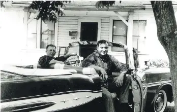  ??  ?? Ed Thiessen and friend Wayne Tessaro pose with Thiessen’s 1957 Pontiac Laurentian convertibl­e in Abbotsford. Thiessen and his brother met up with Tessaro in Corpus Christi, Texas as they toured around North America.