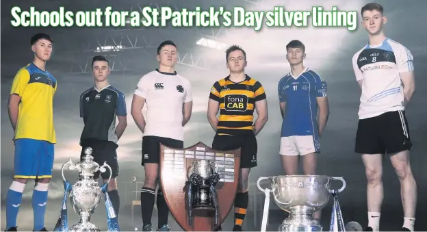  ??  ?? Class acts: Pictured ahead of today’s Danske Bank Schools’ Cup Finals are captains (l-r): Seamus Quinn, St Columb’s and Stuart Nelson, Grosvenor (football); Matty Loane, Methodist College and Michael Lowry, RBAI (rugby); Rian O’Neill, St Colman’s,...