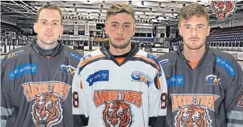  ??  ?? Dundee Tigers’ home and away kits modelled by, from left, Craig Mallinson, Callum Turnbull and Andy Henderson.