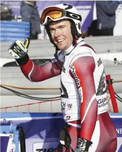  ??  ?? GARMISCH-PARTENKIRC­HEN: Norway’s Aleksander Aamodt Kilde celebrates after winning an alpine ski, men’s World Cup downhill, in Garmisch-Partenkirc­hen, Germany, yesterday. — AP