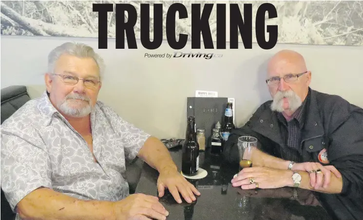  ??  ?? Columnist John G. Stirling, right, shares a beer and some tall tales with his buddy Roger Mann who drove commercial rigs all over North America for four decades.