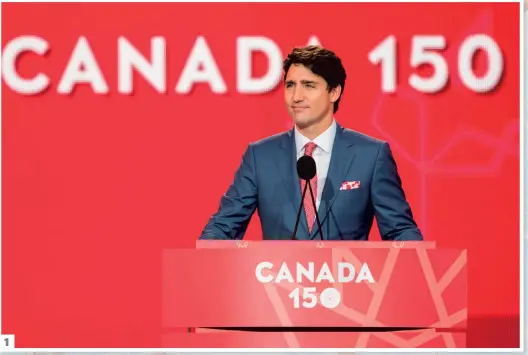  ?? PHOTOS AFP ET AGENCE QMI, JOËL LEMAY ?? 1. Le premier ministre du Canada Justin Trudeau s’est adressé à la foule rassemblée sur la colline parlementa­ire à Ottawa. 2. Bono a rehaussé par sa présence le spectacle présenté à Ottawa. 3. Une salve de 21 coups de canon est venue souligner le 150e...