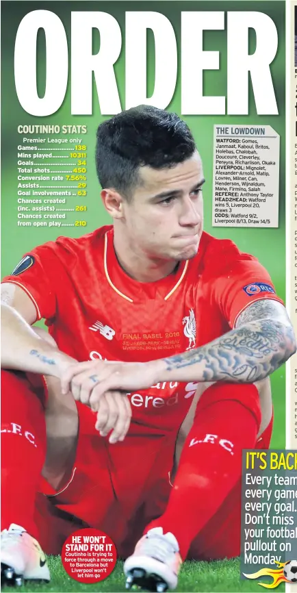  ??  ?? HE WON’T STAND FOR IT Coutinho is trying to force through a move to Barcelona but Liverpool won’t let him go BIG MONEY STAR Watford’s record signing Andre Gray