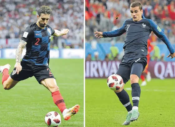  ?? AFP ?? Sime Vrsaljko (i) y Antoine Griezmann (d) protagoniz­arán uno de los duelos más esperados en la final de la Copa Mundo de la Fifa que se cumplirá mañana, en Moscú.